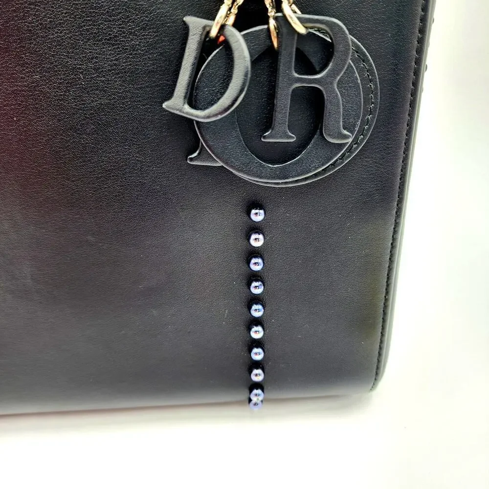 CHRISTIAN DIOR Black Leather Studs Embellished Medium Lady Dior Tote RARE - Picture 6 of 17